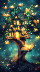 Enchanted treehouse surrounded by floating books in a magical forest at twilight