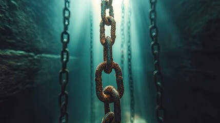 Close up of a rusty metal chain hanging vertically with light rays shining down in a dark setting
