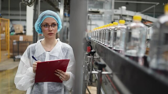 Female quality control inspector wearing protective clothing and mask writing notes on clipboard while inspecting production line in water bottling factory