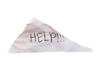 Torn white paper scrap with handwritten HELP!!! text in black ink on transparent background