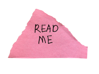 Torn pink paper scrap with READ ME handwritten text isolated on transparent background