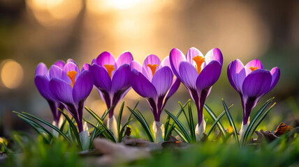 Bright purple flowers on sunset background, sunlight creates soft glow. Photostocks of nature, botany, spring motifs.