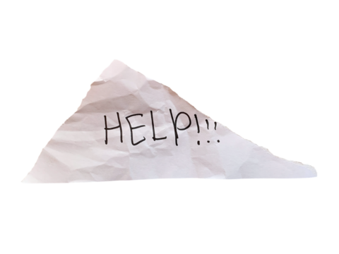 Torn white paper scrap with handwritten HELP!!! text in black ink on transparent background