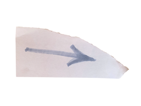 Torn white paper with a hand drawn black arrow pointing right isolated on transparent background