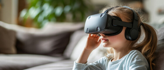Naklejka premium A girl wearing VR glasses. Useful for articles about technology and virtual reality.
