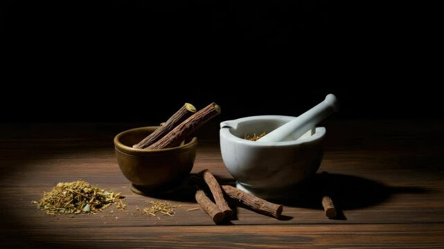 Licorice root sticks with mortar and pestle on wooden table