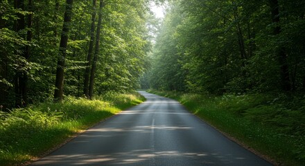 Obraz premium Photo Of A Winding Asphalt Road Through A Lush Green Forest With Sunlight