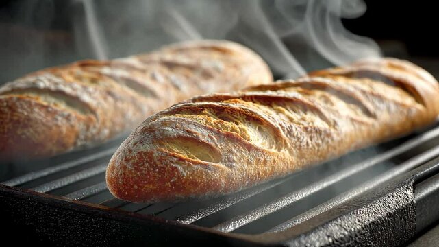 Steaming baguettes on a rack