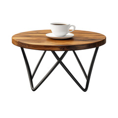 A warm cup of coffee sits peacefully on a rustic wooden table inviting on transparent background