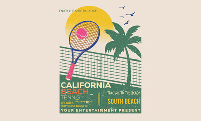 Palm tree beach. Tennis court graphic design. Miami tennis club artwork for t shirt, posters, stickers, background and others. Tennis champions team.	