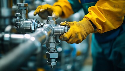 Close-up of worker tightening the pipe connection in an industrial setting