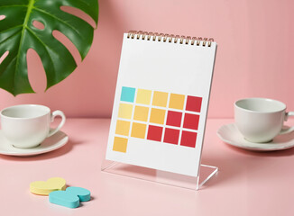Acrylic desk stand with Pantone calendar & gold foil date on pink desk