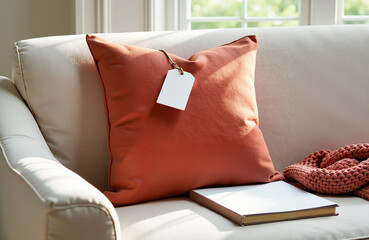 Terracotta linen pillow on velvet sofa with minimalist tag and morning light