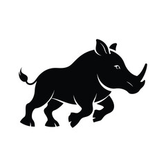 Stylized black silhouette of a running rhinoceros with horns on a clean white background