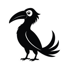 Cartoon black raven silhouette standing profile with detailed feathers and powerful beak