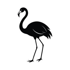 Elegant black flamingo silhouette on white background illustrating graceful tropical bird