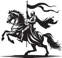 Fototapeta premium Vector art of Black and white vector illustration of a knight riding a horse isolated on white background