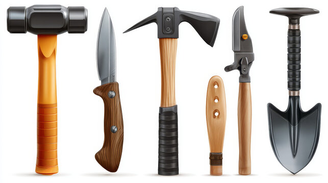 Game icons of hammer, axe, shovel, toe and knife. Carpentry and garden tools, cultivated equipment. Dagger and ax with metal blade and wooden handle, vector cartoon set