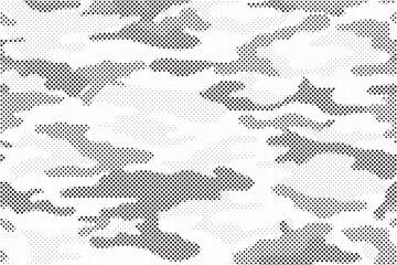 Fototapeta premium Halftone camouflage pattern background. Classic military clothing style. Masking camo repeat print. Black and white seamless camouflage halftone texture. 