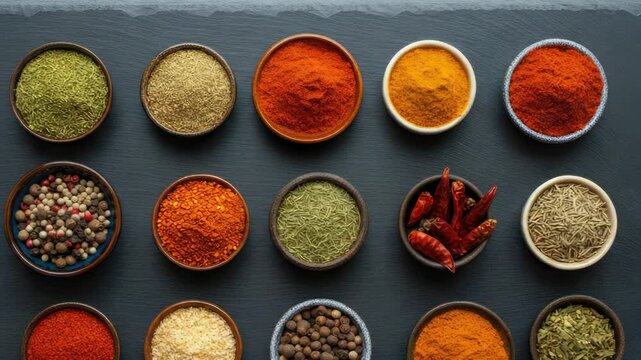 Assorted spices in bowls arranged on dark slate background
