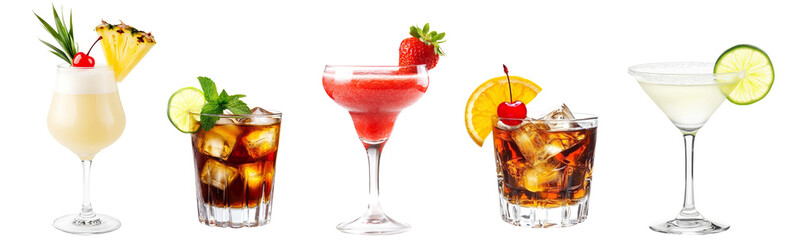 Set of cocktail glasses isolated on transparent background. Pina Colada, Cuba libre, Strawberry Daiquiri, Whiskey coke and Margarita