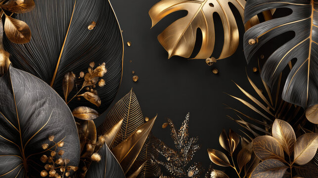 Tropical black and gold leaves on dark background vector poster Beautiful botanical design with golden tropic jungle palm leaves, exotic red flower Wedding ceremony invitation card, christmas greeting