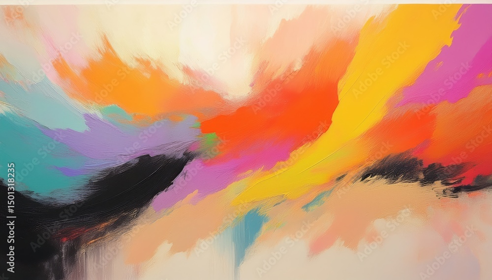 Poster vivid abstract color explosion with dynamic brush strokes in fiery orange, magenta, and teal ideal f