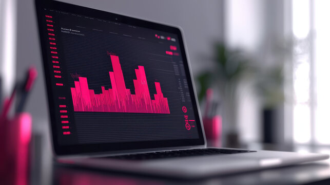 Modern laptop displaying vibrant pink data visualization on screen, set in stylish workspace with plants and stationery