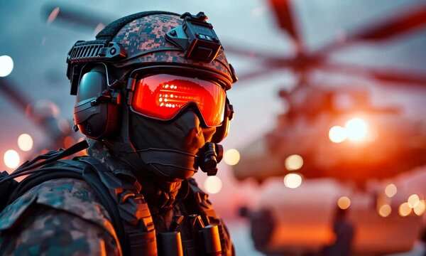 Military personnel prepares for flight during twilight at airbase