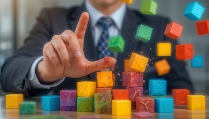 Naklejka premium A child plays with colorful building blocks