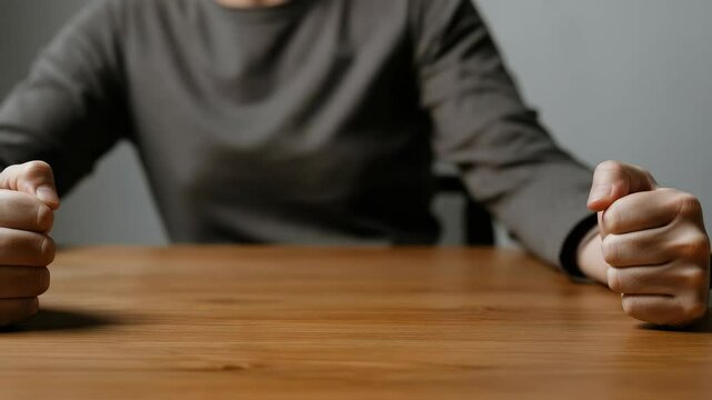 Close-up of clenched fists on wooden table, signifying anger or frustration