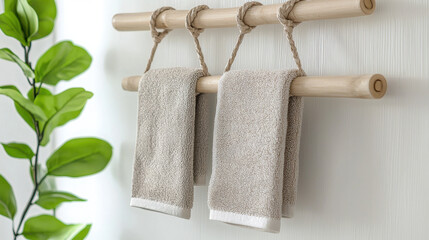 Soft towels hanging on wooden rack with natural aesthetic, complemented by green plant, creating serene and eco friendly atmosphere