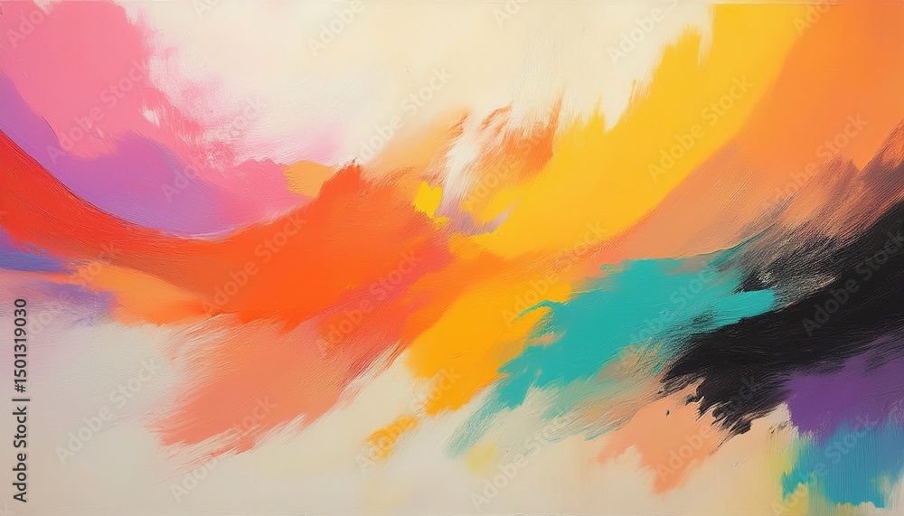 Poster vivid abstract color explosion with dynamic brush strokes in fiery orange, magenta, and teal ideal f