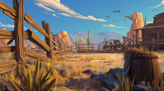 Wild west landscape, american ranch with wooden fence and barrel. Vector cartoon illustration of western desert, country scene with someone hiding in wood barrel