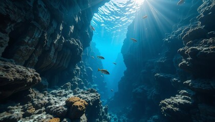 Obraz premium Underwater Sunbeams Illuminate Stunning Ocean Canyon with Fish