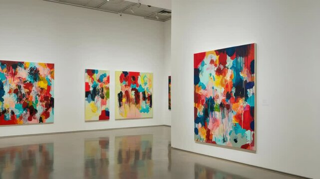 Abstract expressionist paintings in modern art gallery