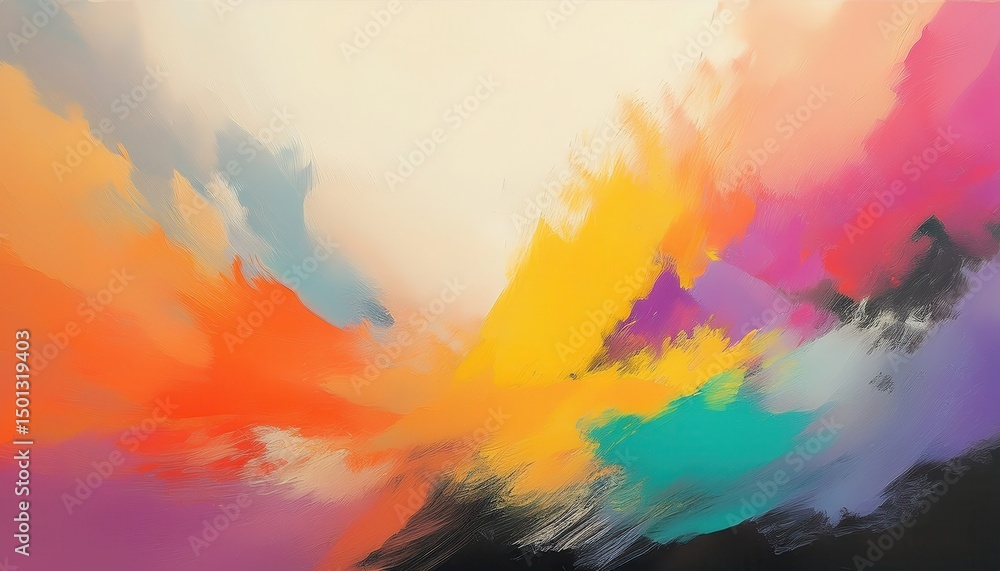 Poster vivid abstract color explosion with dynamic brush strokes in fiery orange, magenta, and teal ideal f