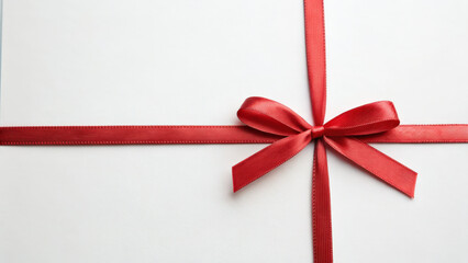Red satin ribbon bow on white gift box background