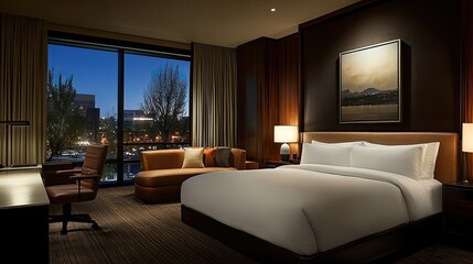 A luxurious hotel room interior featuring a large bed and a view of the city at night from window