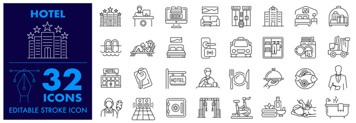 Hotel Icon set. room, service, booking, taxi, facilities, elevator, massage, gym and more. Editable Stroke Icon