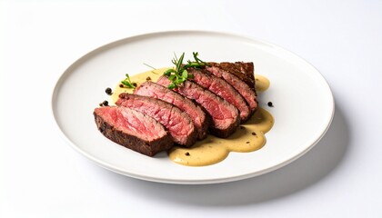 Medium rare steak slice at wooden plate with cream and white background