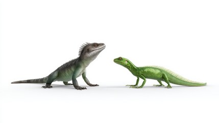 Obraz premium Two Lizards Facing Each Other A Gray and a Green Reptile on White Background