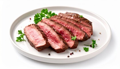 Fototapeta premium Medium rare steak slice at wooden plate with cream and white background