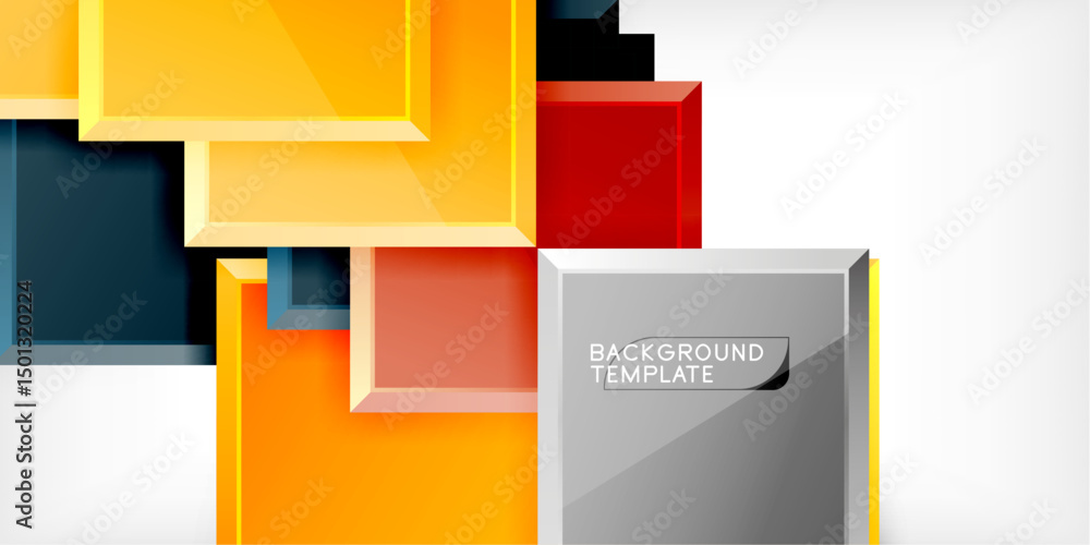 Poster abstract geometric shapes overlap, creating vibrant design. orange, red, gray colors dominate black 