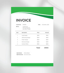 Modern Green Invoice Template Design  Clean A4 Billing Format for Business and Freelancers