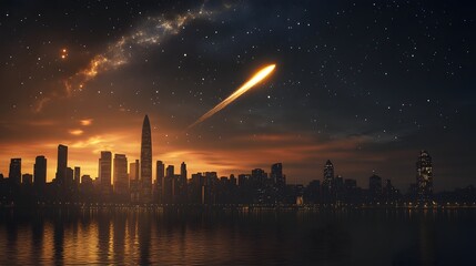 A comet passing over a futuristic city skyline at night