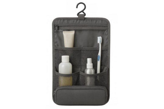Open hanging toiletry bag revealing essential travel items, isolated on a transparent background