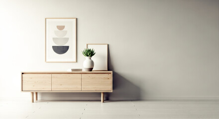 Minimalist interior with wooden cabinet, plant, and art for home decor mockups, product display, and lifestyle blogs