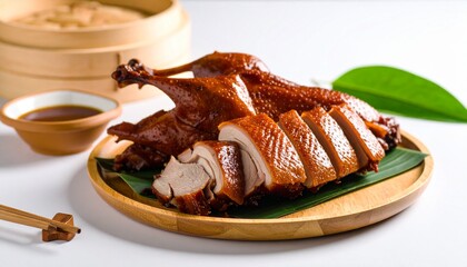Peking duck on a plate with a simple at wooden plate