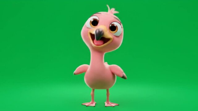 Animated pink flamingo character on green screen